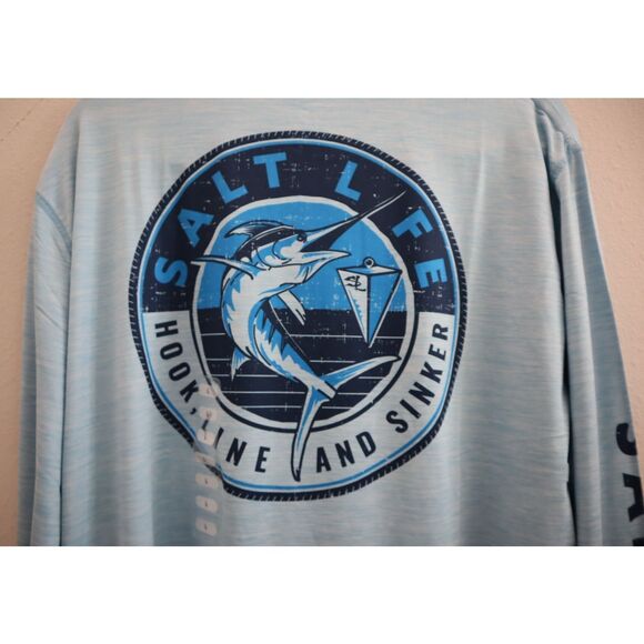 Salt Life Men's Sz L Sky Blue Heather Marlin Sinker Performance L/S Pocket Tee - Picture 5 of 8
